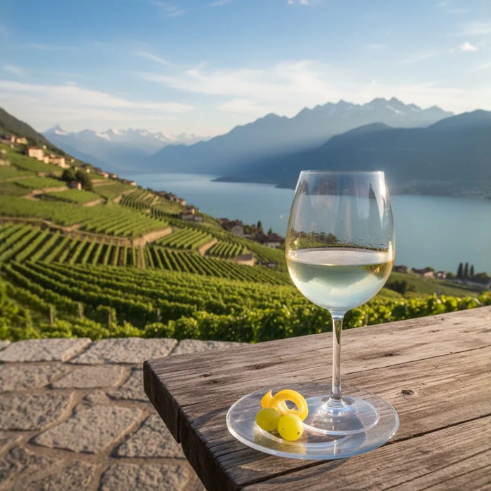 Verre de vin blanc Pinot Grigio posé sur une table surplombant les vignobles en terrasses de Vénétie, avec vue sur un lac et les montagnes italiennes, symbole de fraîcheur et d’élégance.