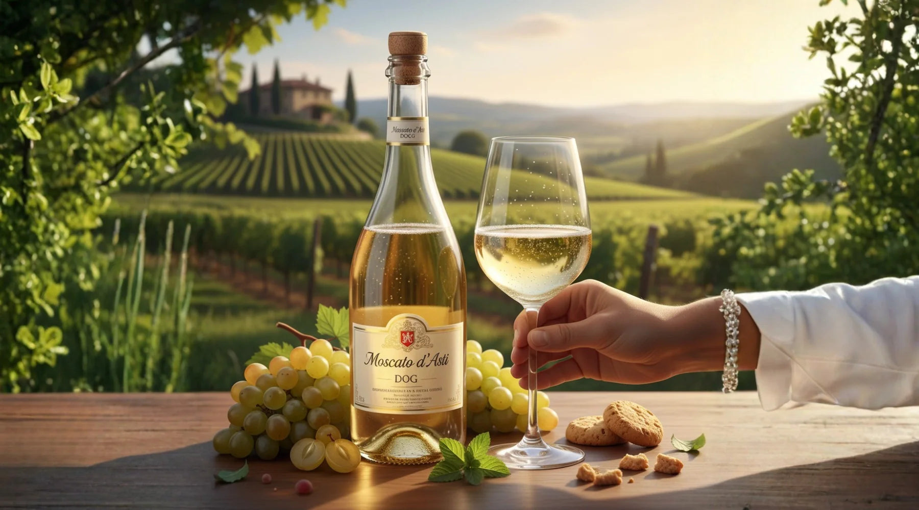 Bouteille de Moscato d’Asti et verre de vin blanc pétillant posés sur une table avec raisins frais et collines du Piémont en arrière-plan, au coucher du soleil