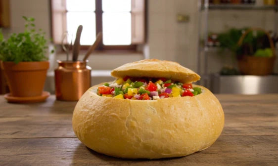 Pizza di panzanella présentée dans une miche de pain rustique, garnie de tomates, poivrons, oignons rouges et basilic frais, sur une table en bois dans une cuisine lumineuse italienne.