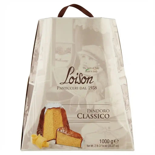 Box of Pandoro Classico Loison 1kg – Italian beige artisanal packaging decorated, presenting the famous traditional pandoro.