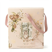 Gift box Pandoro Loison – winter decor with a deer and botanical illustrations, pink ribbon handle