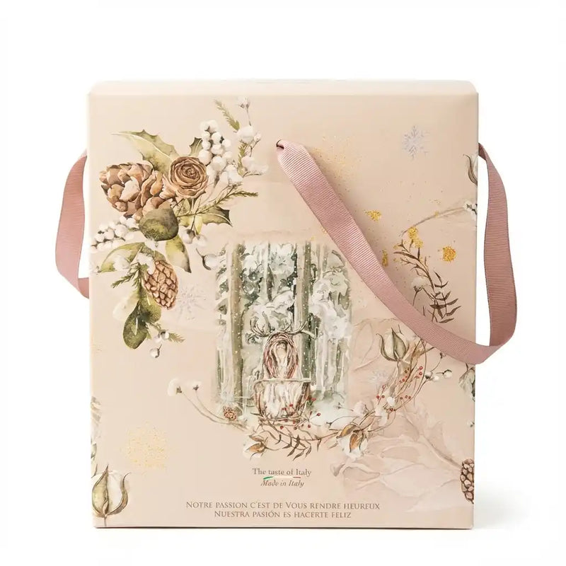 Gift box Pandoro Loison – winter decor with a deer and botanical illustrations, pink ribbon handle