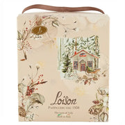 Pandoro Loison box – beige packaging illustrated with a snowy chalet and winter decorations, ribbon handle