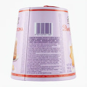 Back of the mini Pandoro di Verona Bauli 100g – view of the barcode, list of ingredients and nutritional information on the purple packaging.