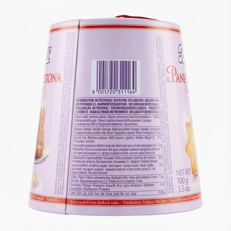 Back of the mini Pandoro di Verona Bauli 100g – view of the barcode, list of ingredients and nutritional information on the purple packaging.