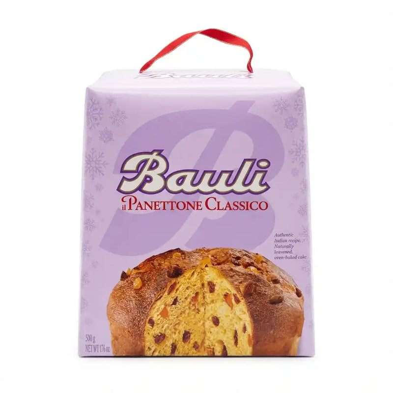 Bauli Classico Panettone 500g in its purple box with a red handle, illustrating a soft Italian brioche with raisins and candied fruits.