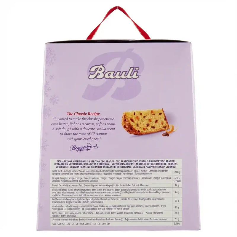 Back of the Bauli Classico Panettone 500g box, featuring a visual of a slice, description of the traditional recipe, and nutritional table printed on the purple packaging.