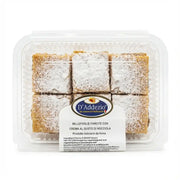 Millefoglie D'Addezio in a transparent container, Italian puff pastry in powdered sugar portions.