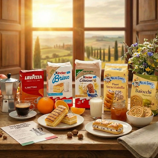 Petit-déjeuner italien avec café Lavazza, viennoiseries Kinder et biscuits Mulino Bianco dans un décor toscan ensoleillé.
