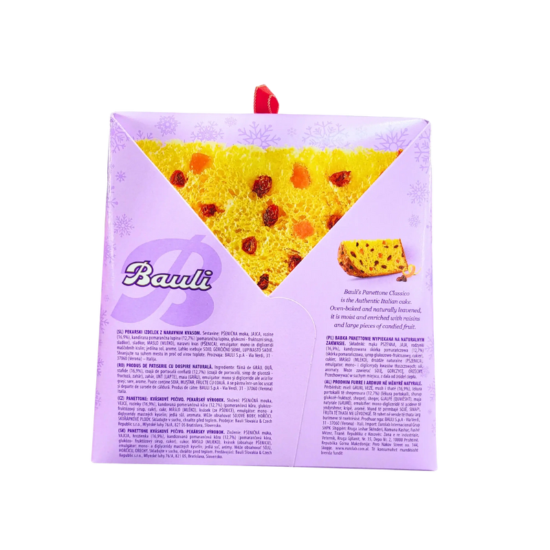 Box of Bauli panettone 700 g, illustrated with candied fruits, representing the authenticity of Italian craftsmanship.