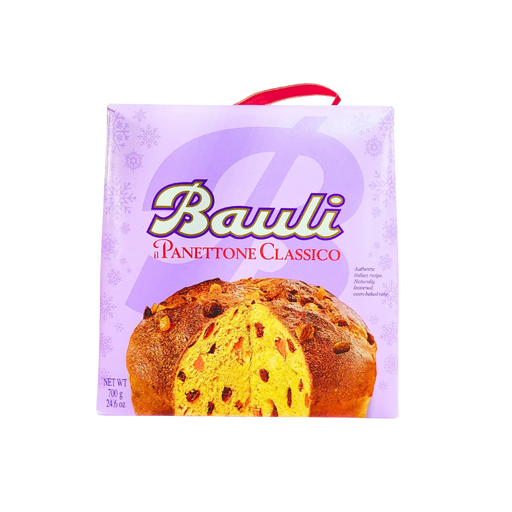Panettone Bauli 700 g, gâteau italien traditionnel aux fruits confits et raisins secs, symbole de la gourmandise des fêtes.