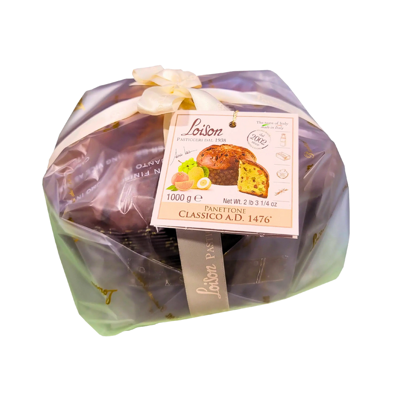 Panettone Classico Loison 1kg en emballage cadeau avec étiquette montrant le gâteau traditionnel italien.