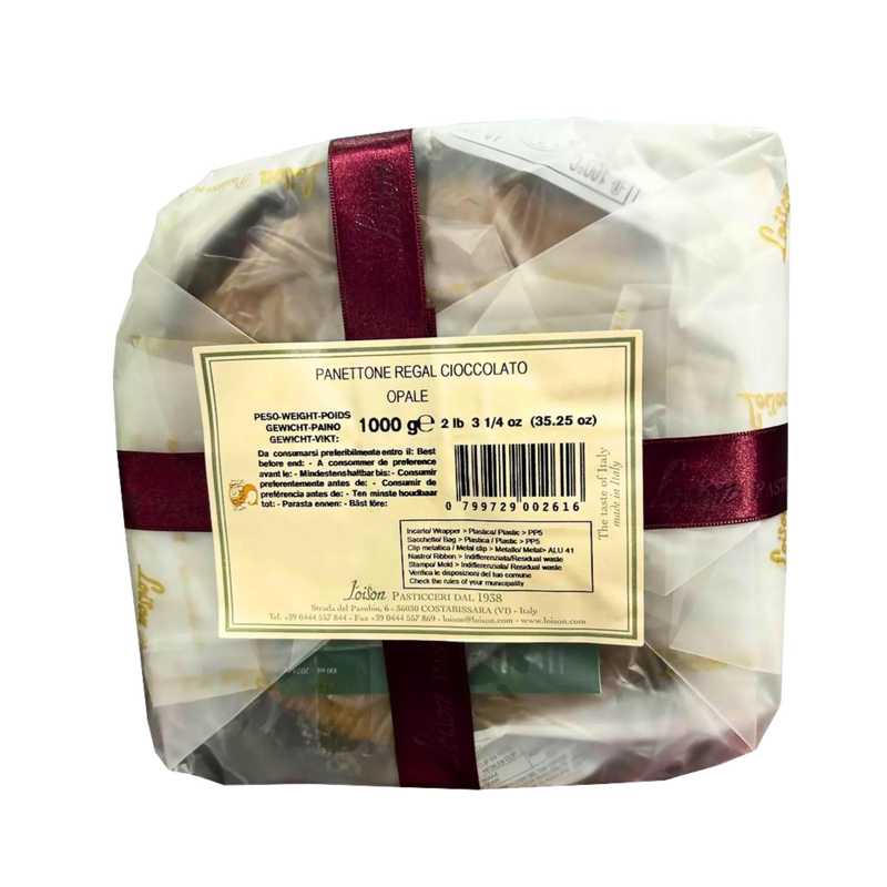 View from below of the Loison Chocolate Panettone 1 kg, highlighting the details of the packaging and the artisanal label of the Loison house.