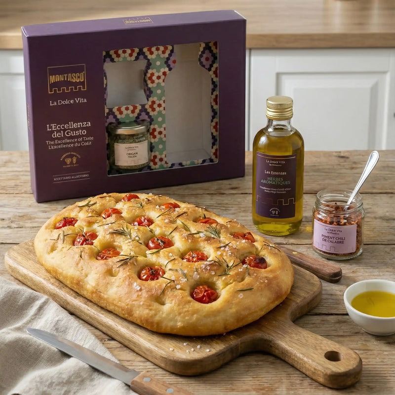 Huile d’olive extra vierge aux herbes 250ml, origan italien 15g et piment chili de Calabre 25g du coffret La Dolce Vita by Montosco