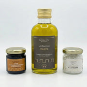 Products from the truffle box La Dolce Vita by Montosco with truffle olive oil, balsamic vinegar cream, and flavored salt
