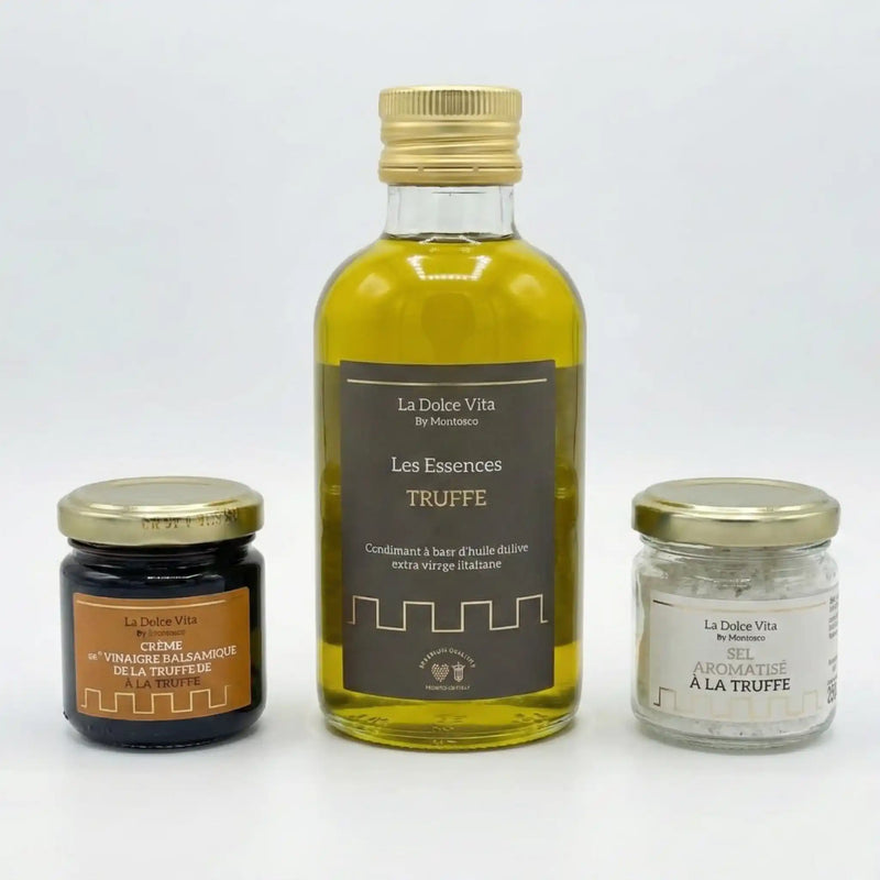 Products from the truffle box La Dolce Vita by Montosco with truffle olive oil, balsamic vinegar cream, and flavored salt