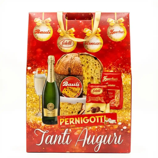 Italian gift box Bauli Tanti Auguri with pandoro, prosecco, and Pernigotti chocolates