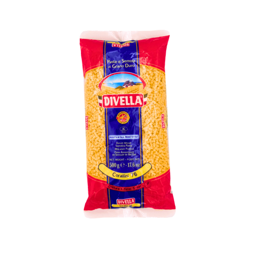 Paquet de pâtes pour soupe Corallini N°76 de Divella - 500g, parfaites pour préparer des soupes savoureuses et réconfortantes.