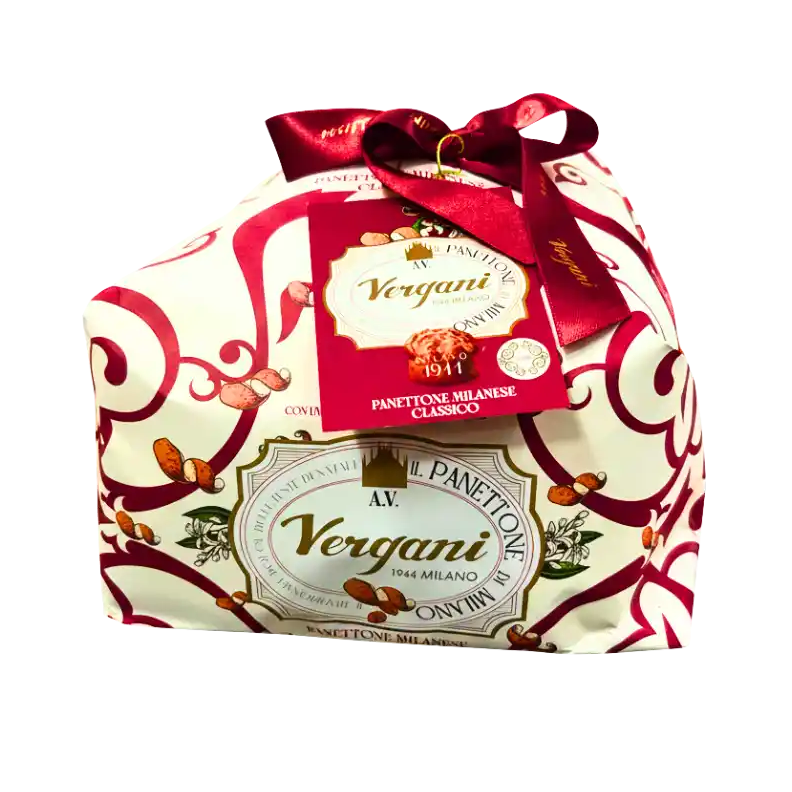 Panettone classique Vergani emballé dans un papier décoratif avec ruban rouge