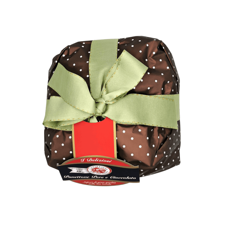 Panettone chocolat et poire La Fattoria Delle Cose Buone 1kg, emballé avec un ruban vert, importé d'Italie.
