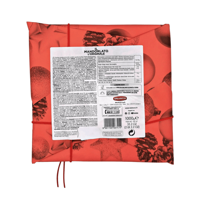 Emballage du panettone Balocco original aux amandes, recette italienne traditionnelle, 1 kg, avec étiquette détaillée des ingrédients.