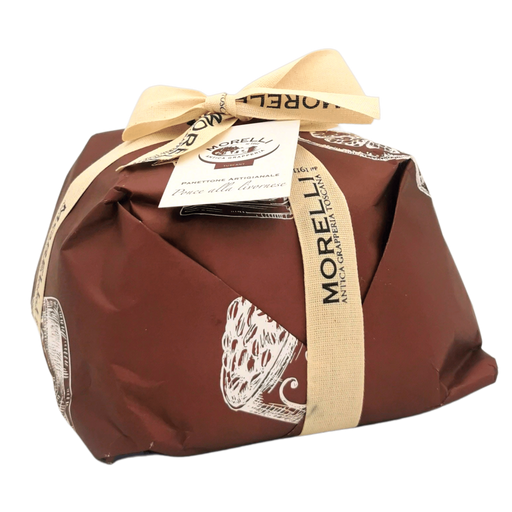Panettone au chocolat noir Punch Livournais 750 g, emballé dans un papier brun avec ruban et étiquette « Tradition Toscane » visible.