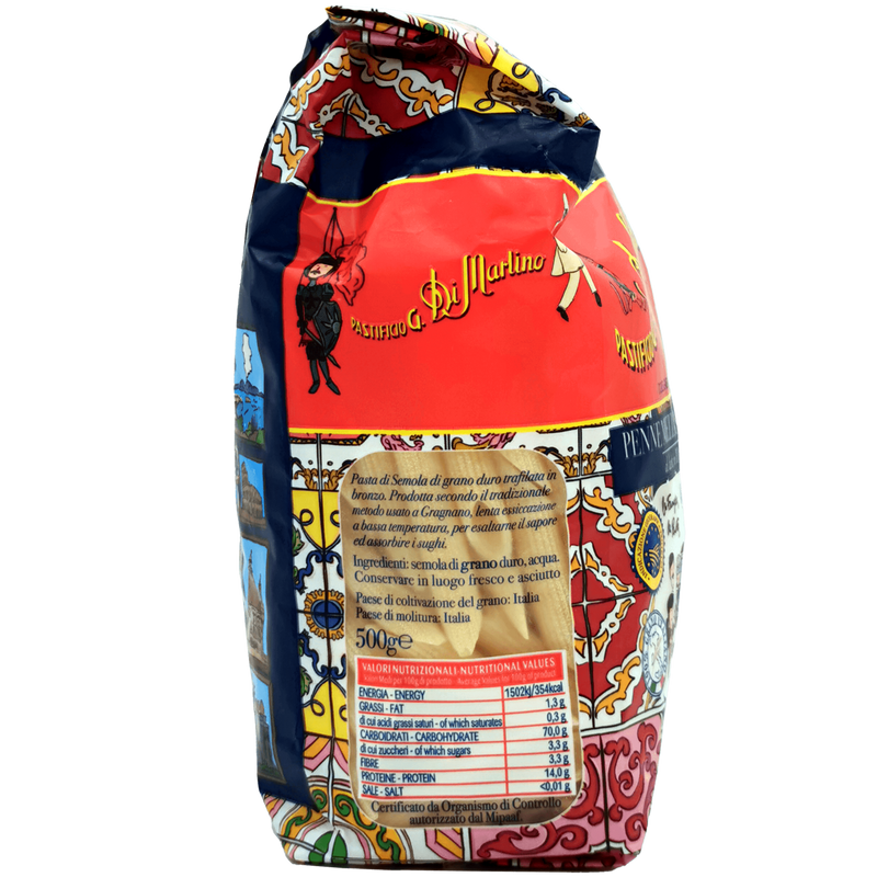 Tableau nutritionnel des Pâtes Penne Mezzani Rigate, semoule de blé dur, Gragnano IGP, Pastificio Di Martino, paquet 500g.